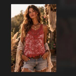 Crochet Lace Floral Tank Top Italy Soft Pink Salmon Boho Flowy Loose Size Small